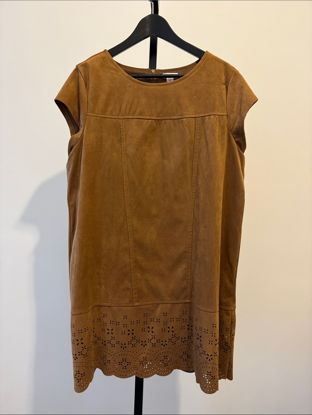Xhilaration Camel Vegan-Suede Shift Dress with Laser-Cut Hem